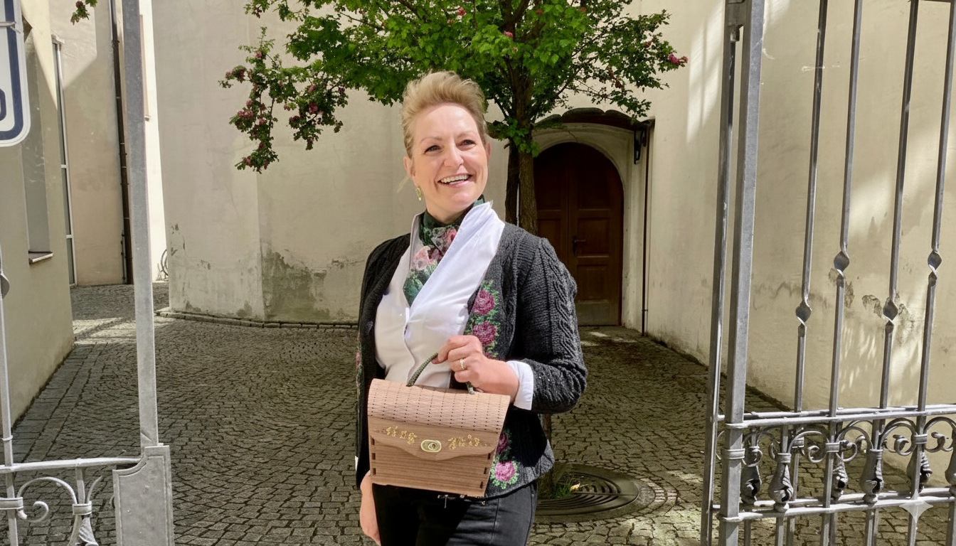 „Traudi Vordermaier mit ihrer handgefertigten Hoizlisl Trachtentasche aus Holz in einer bayerischen Altstadt.“